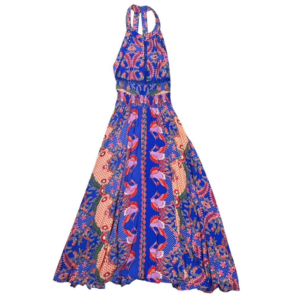 Jaase Maxi Dress Womens Large Blue Pink Batik Bird Halter Smocked Boho Crochet